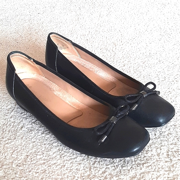 NATURALIZER "Dove" "N5 Contour" Cushioned, Square Toe, Black Leather Wedge Shoes - Picture 5 of 16